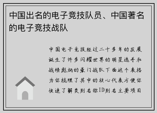 中国出名的电子竞技队员、中国著名的电子竞技战队